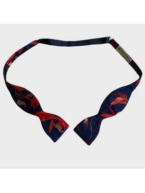 VTG Georgina Von Etzdorf Bird Floral Silk Self Tie Bow Tie Navy Red England RARE
